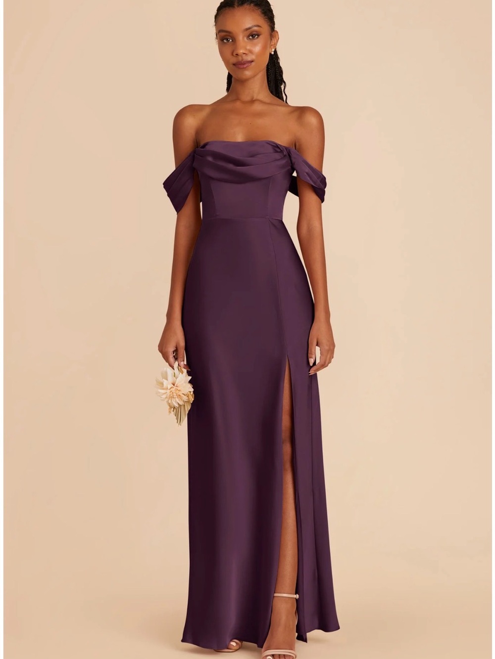 Off-Shoulder Birdy Grey Plum Bridesmaid Dress in Matte Satin Size S